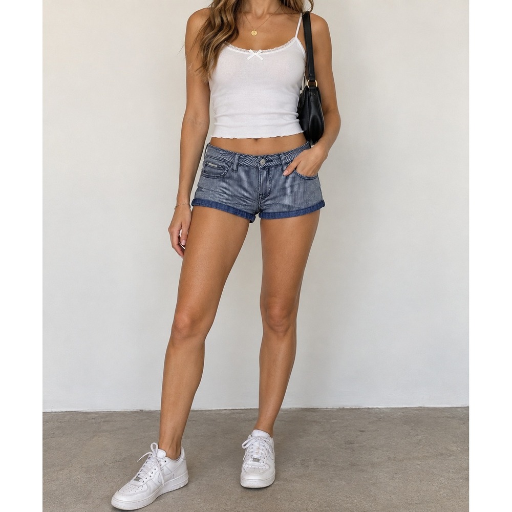 Y2K Superdry Jeans Shorts Womens 26 Navy White Stripe Low Rise Micro Denim